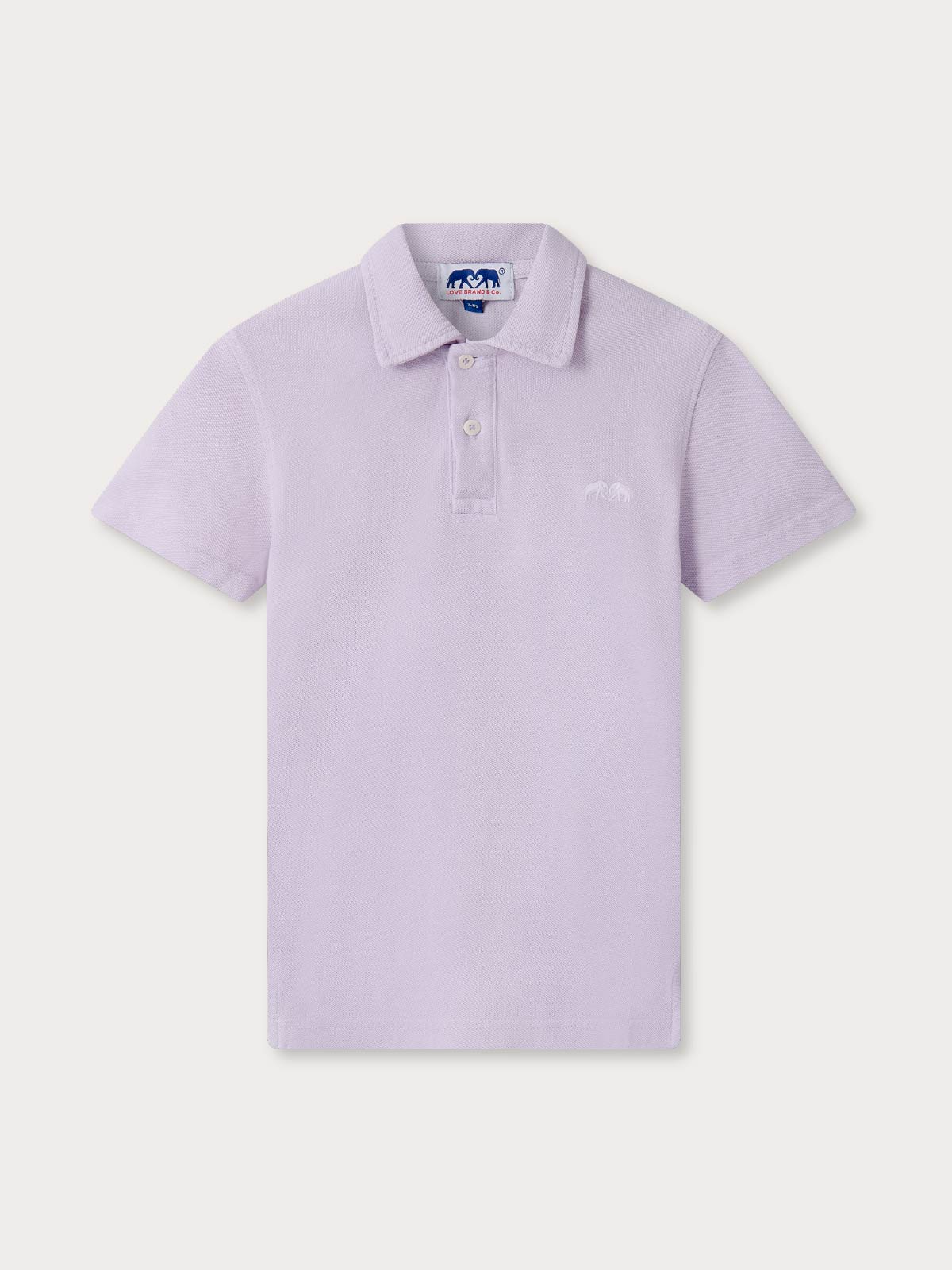 Kids purple polo shirt with love brand logo on plain background.