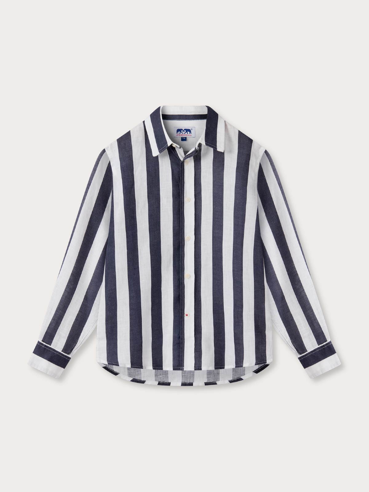 Navy and white striped shirt for children on a light background.