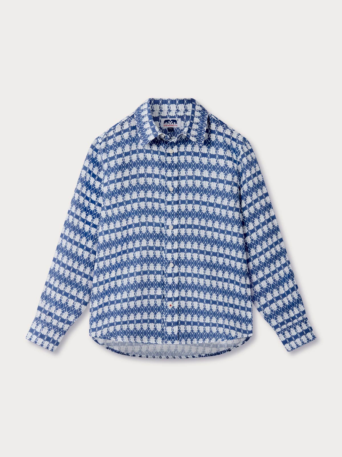 Blue and white linen shirt for kids with beetle pattern. Long-sleeved, button-up design.