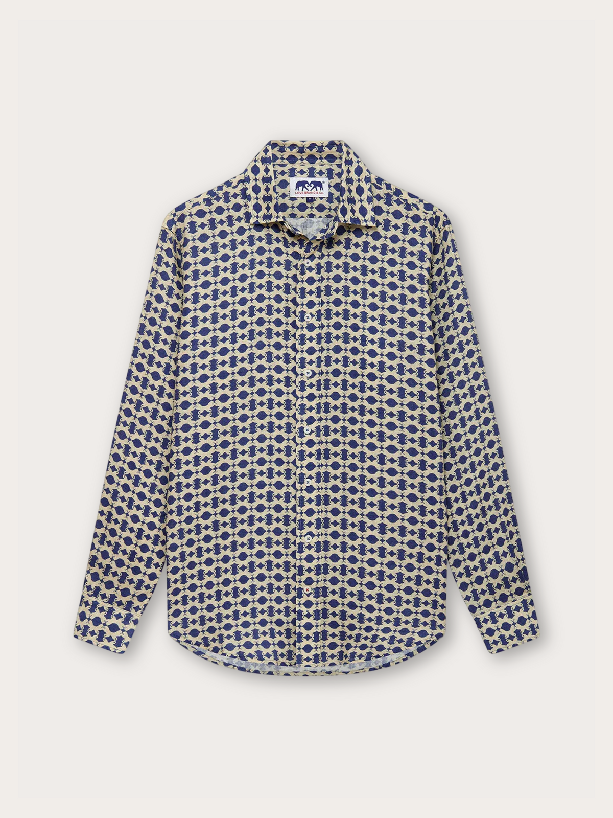 A long-sleeve button-up shirt featuring an all-over blue and creamprint, laid flat against a light off-white background.
