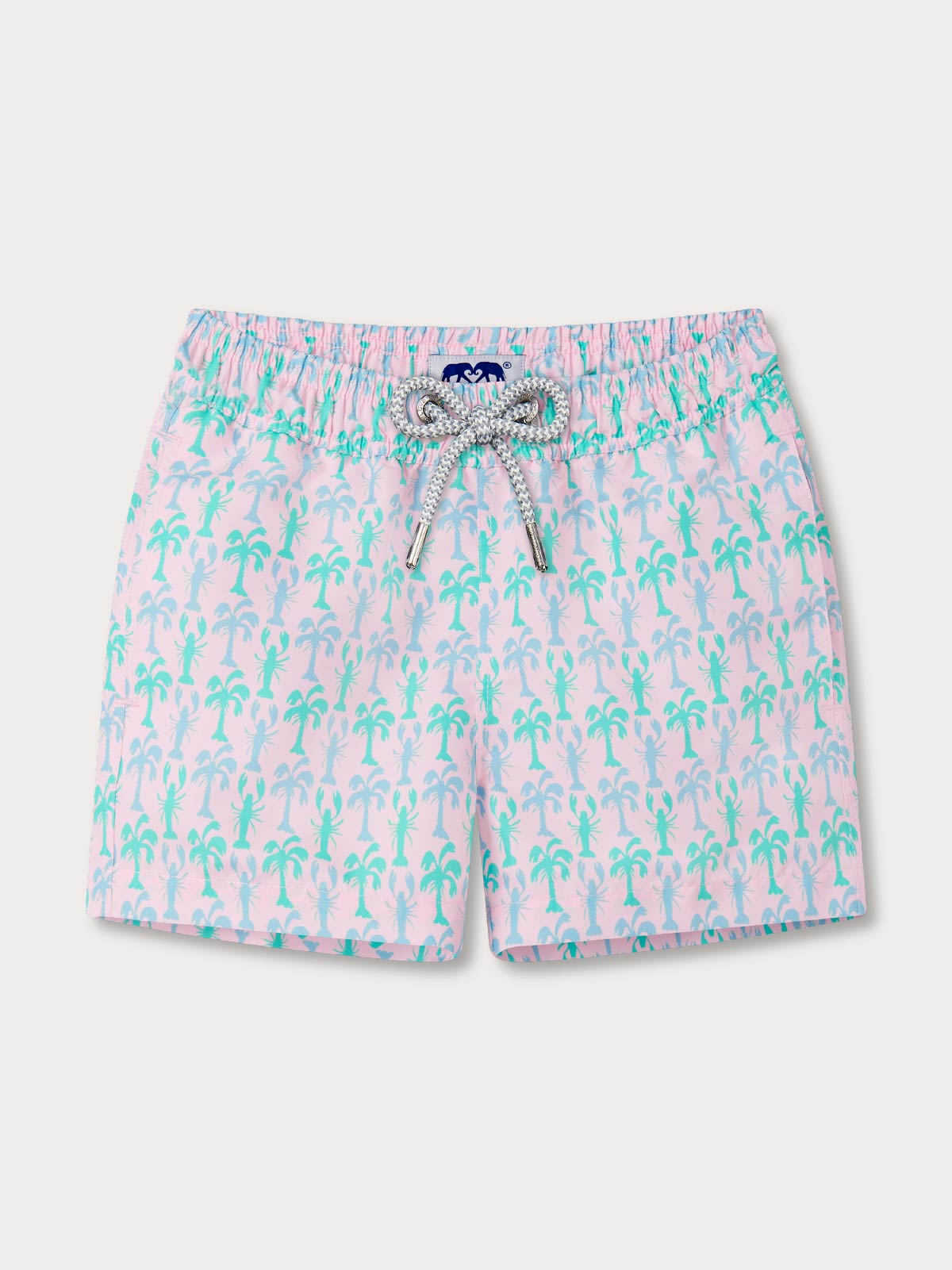 pink swimming trunks for boys with a pattern of lobsters and palm trees in blue and green