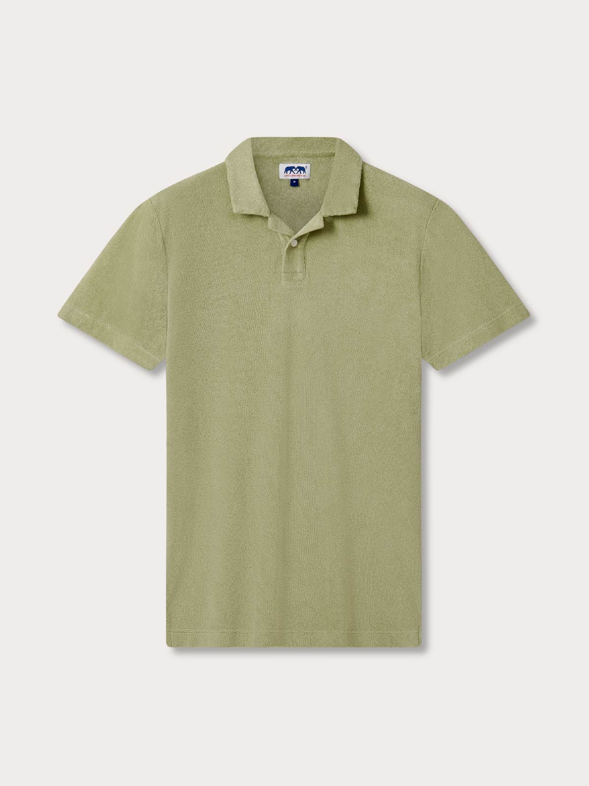 Front view of mens green terry polo shirt on a white background.