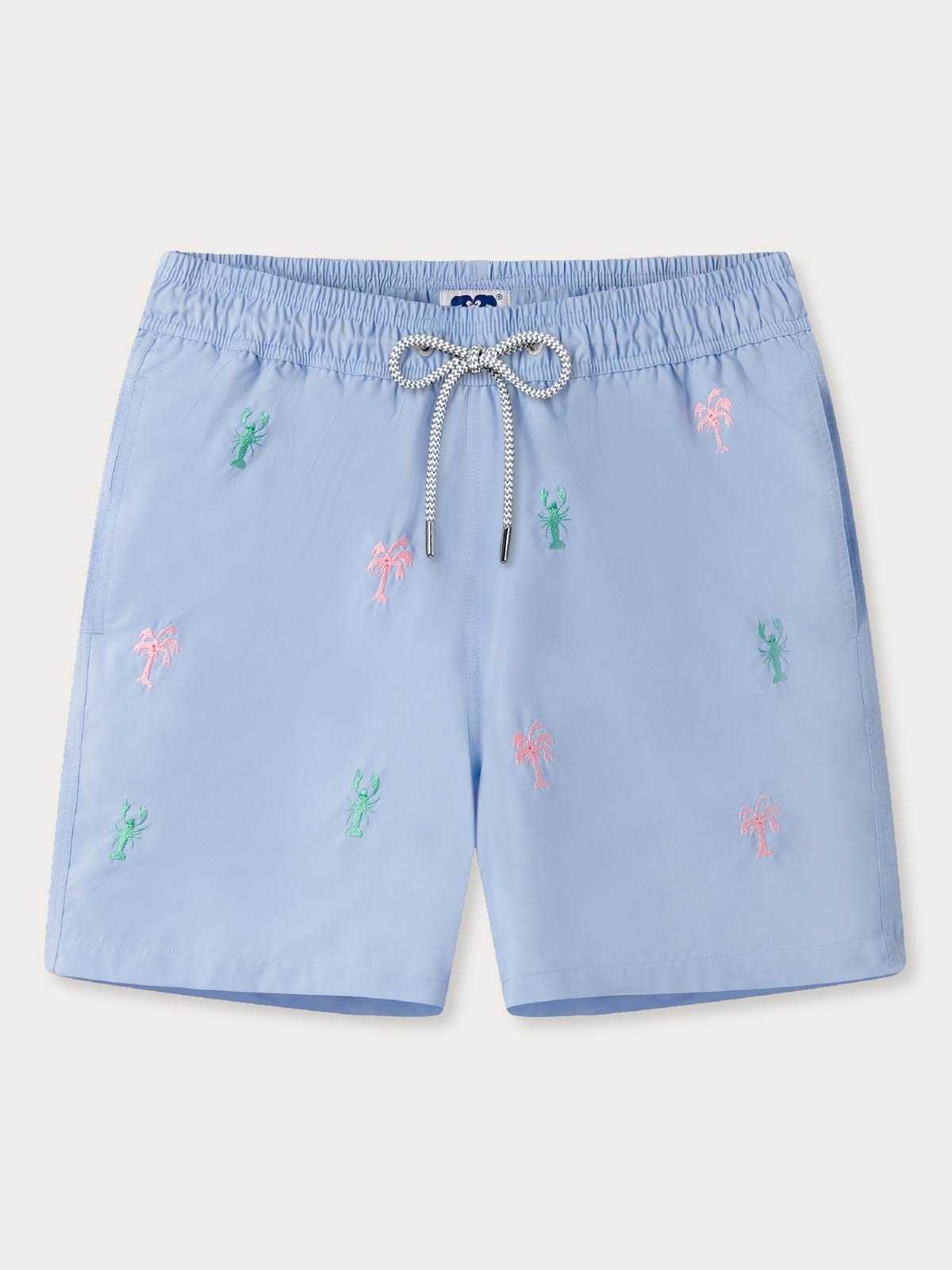 Light blue swimming shorts with colourful embroidered lobsters on a white background