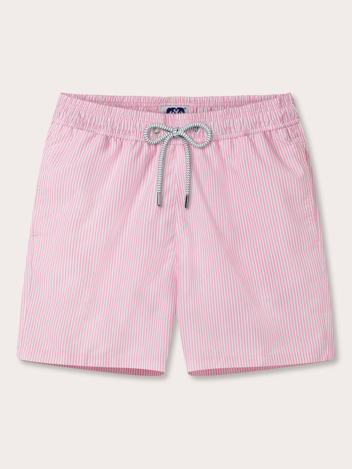 Pink striped swimming shorts with a drawstring and pockets on a light grey background.