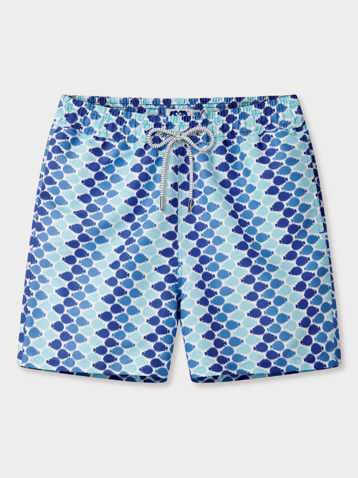 Blue patterned swim shorts with a pufferfish design.