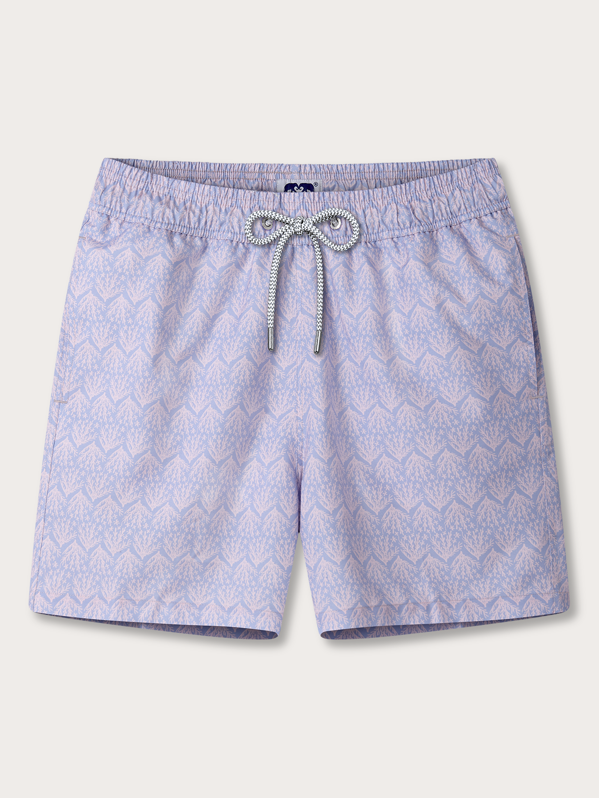 Light blue and purple swim shorts with a subtle pattern on a white background