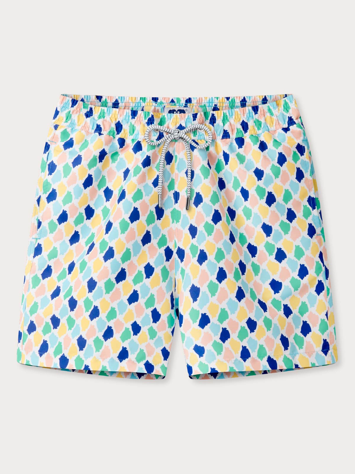 Front view of mens swim trunks with a drawstring waist and multicoloured harlequin pattern made up of conch shells.