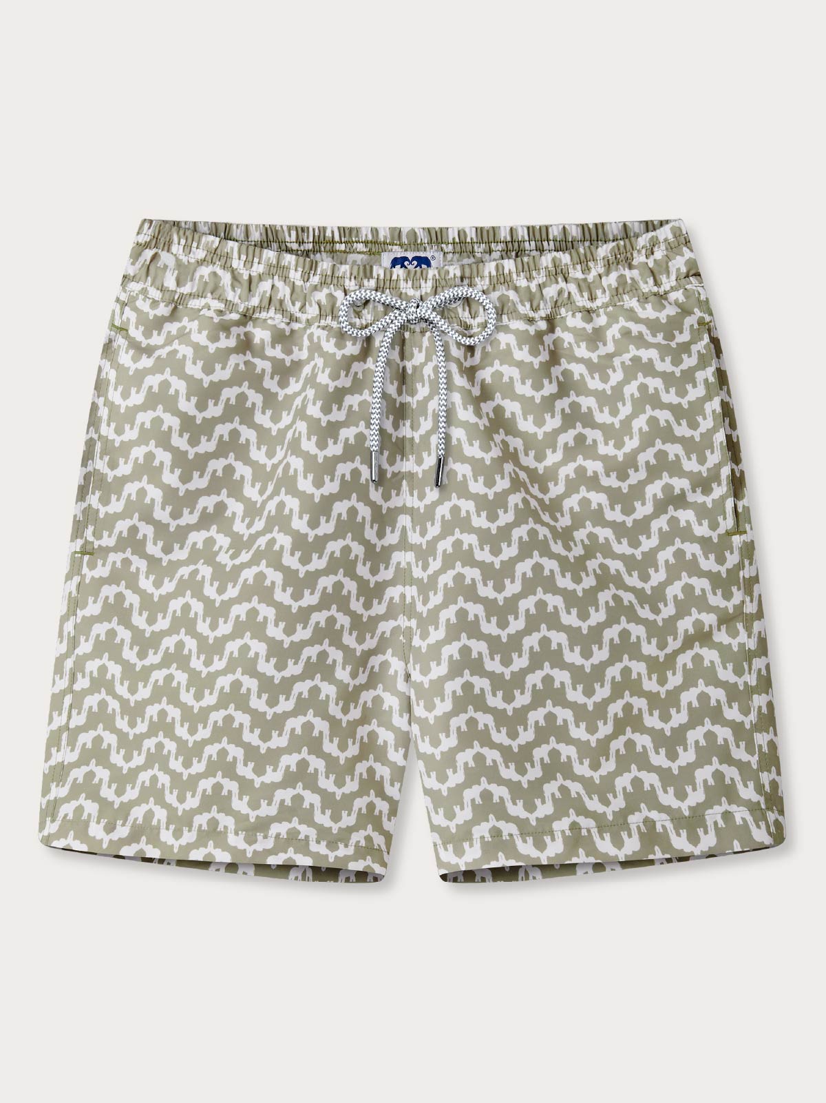 Front view of mens swimming trunks with a drawstring waist and pockets. Green swim shorts with an elephant geometric print.