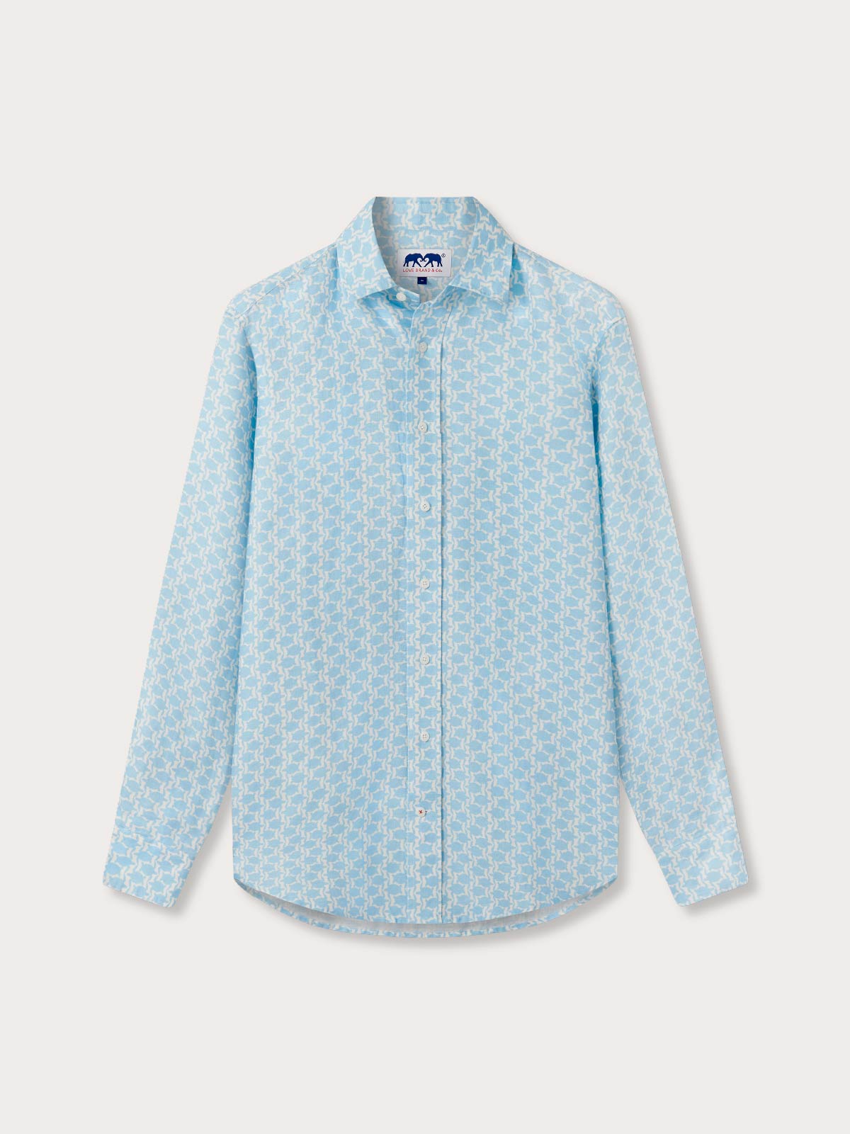 Front view of blue mens linen shirt with turtle prints. The shirt has a classic collar, long sleeves and is button-up.