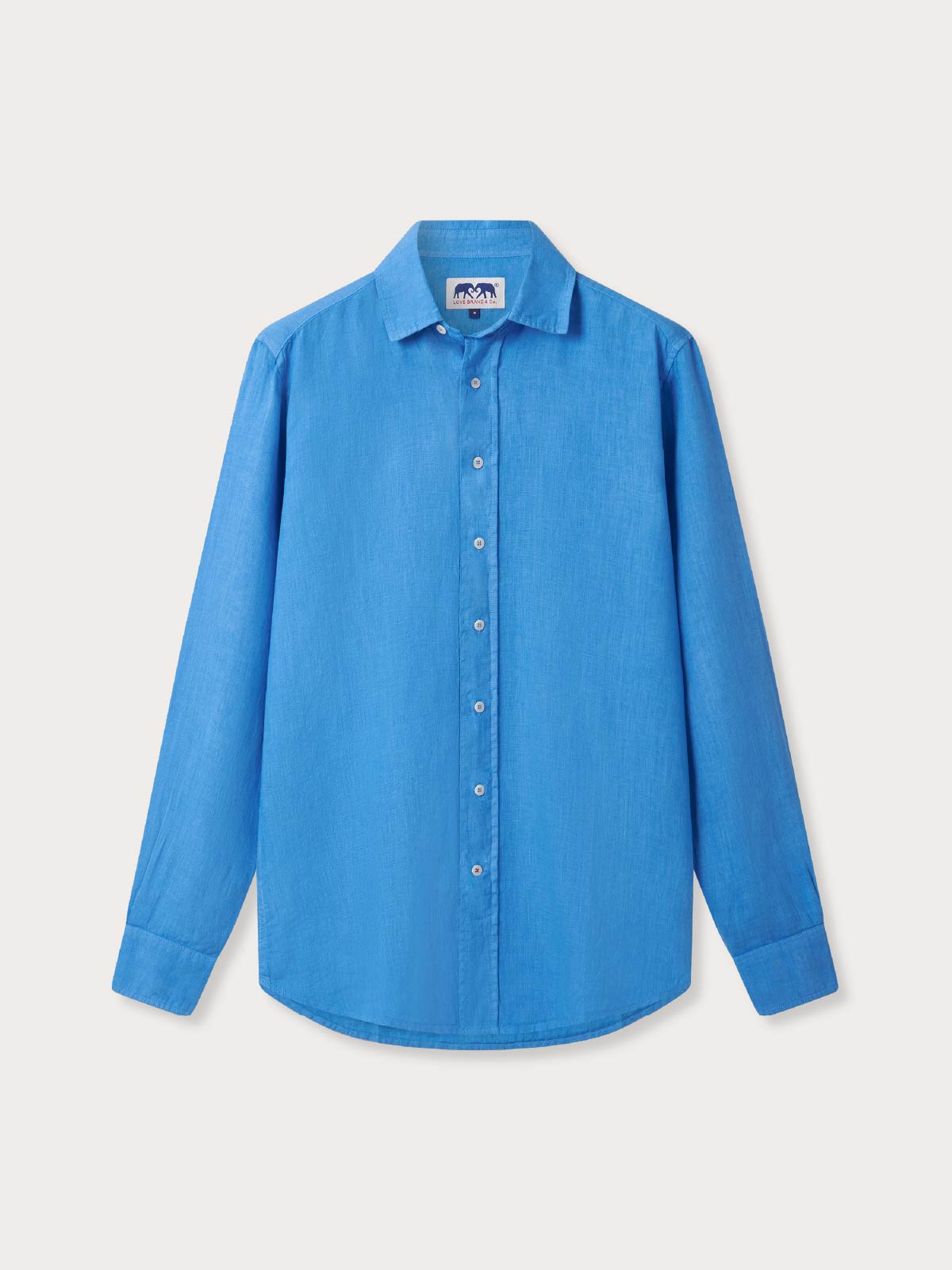 Mens blue linen shirt with long sleeves and buttons.
