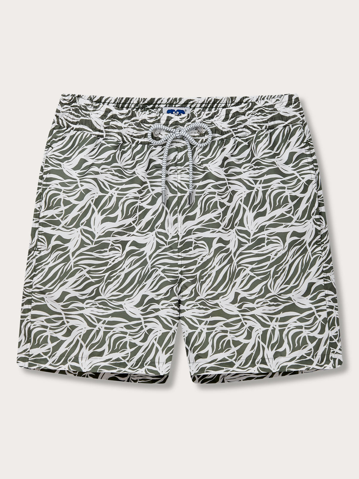 Men's Talamanca Bay Staniel Swim Shorts in olive green with white Posidonia sea grass pattern, featuring a quick-dry, 100% recycled fabric.