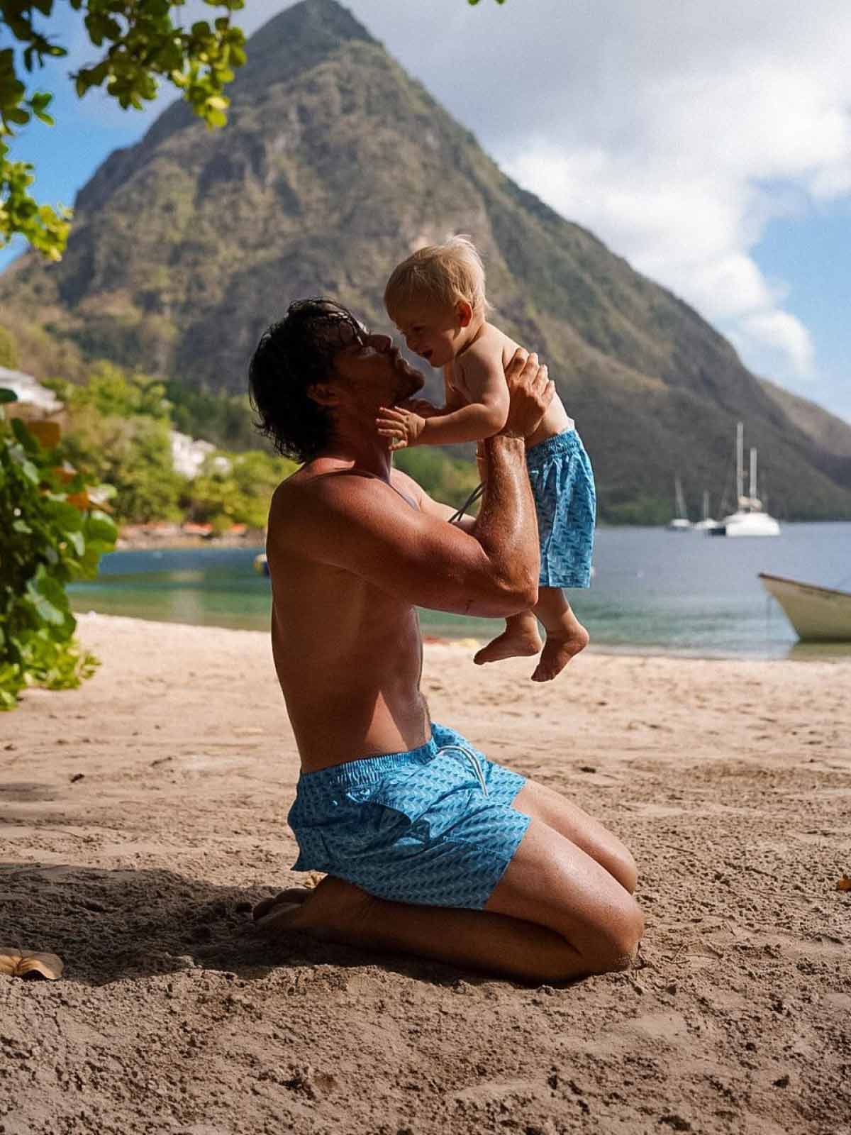man and son wear matching men swimming trunks by mens beachwear brand love brand & co.