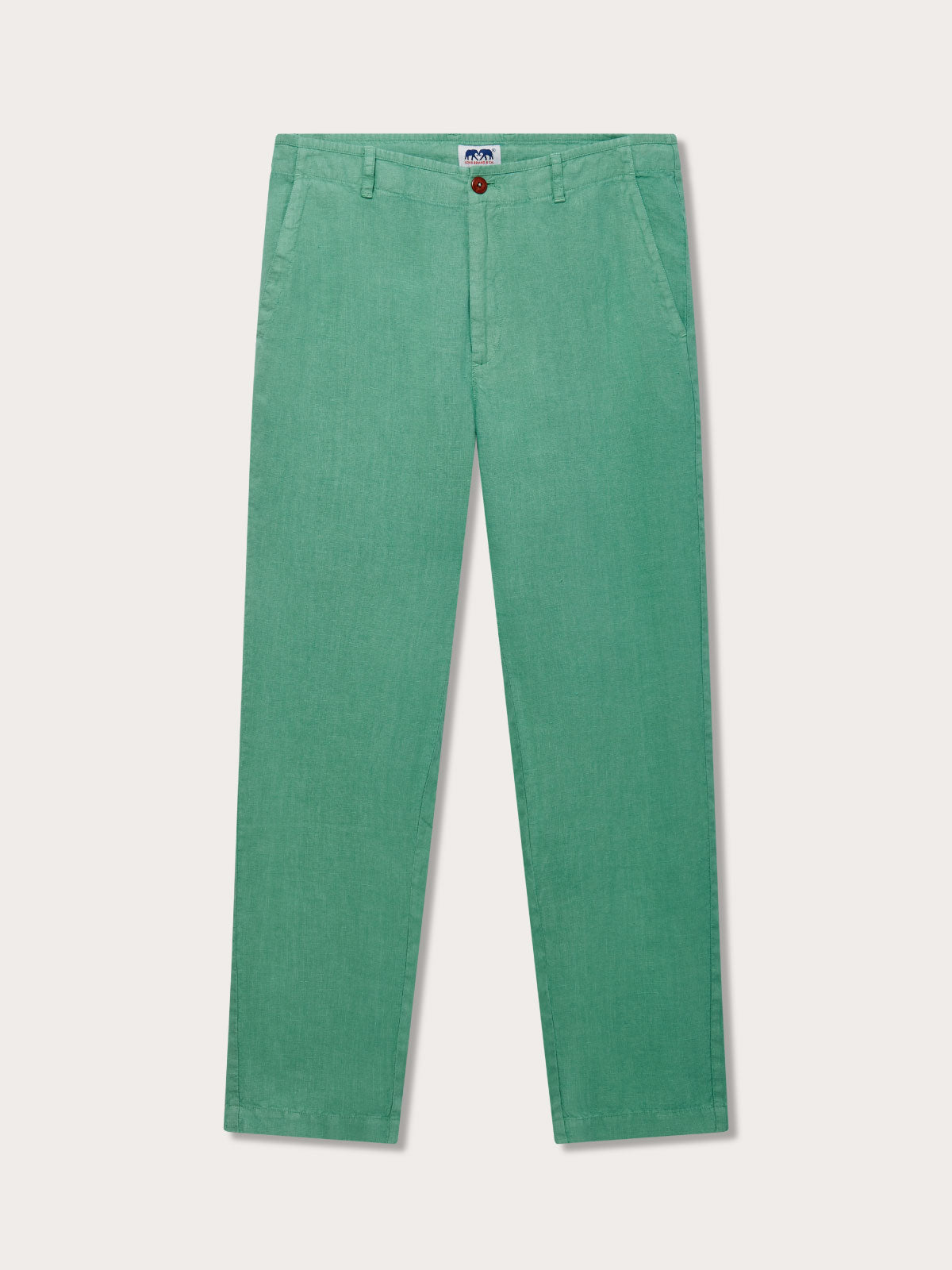 Men's Riviera Green Randall Linen Trousers displayed on light gray background. Front view of mens green linen trousers with 2 front pockets.