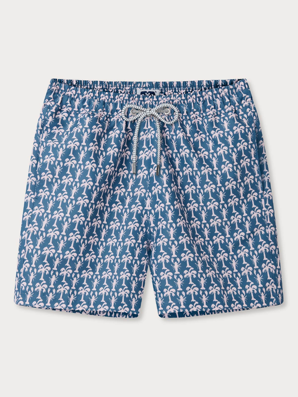 Blue swim shorts with white lobster and palm tree pattern and drawstring waist and pockets.