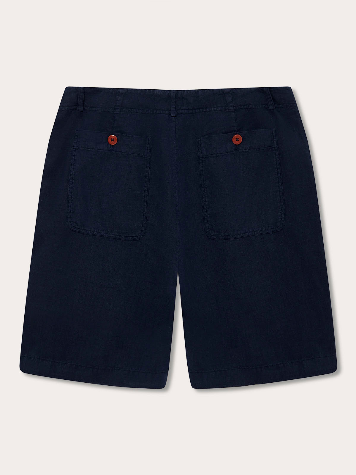Back view of mens linen shorts in Navy Blue featuring 2 back pockets.