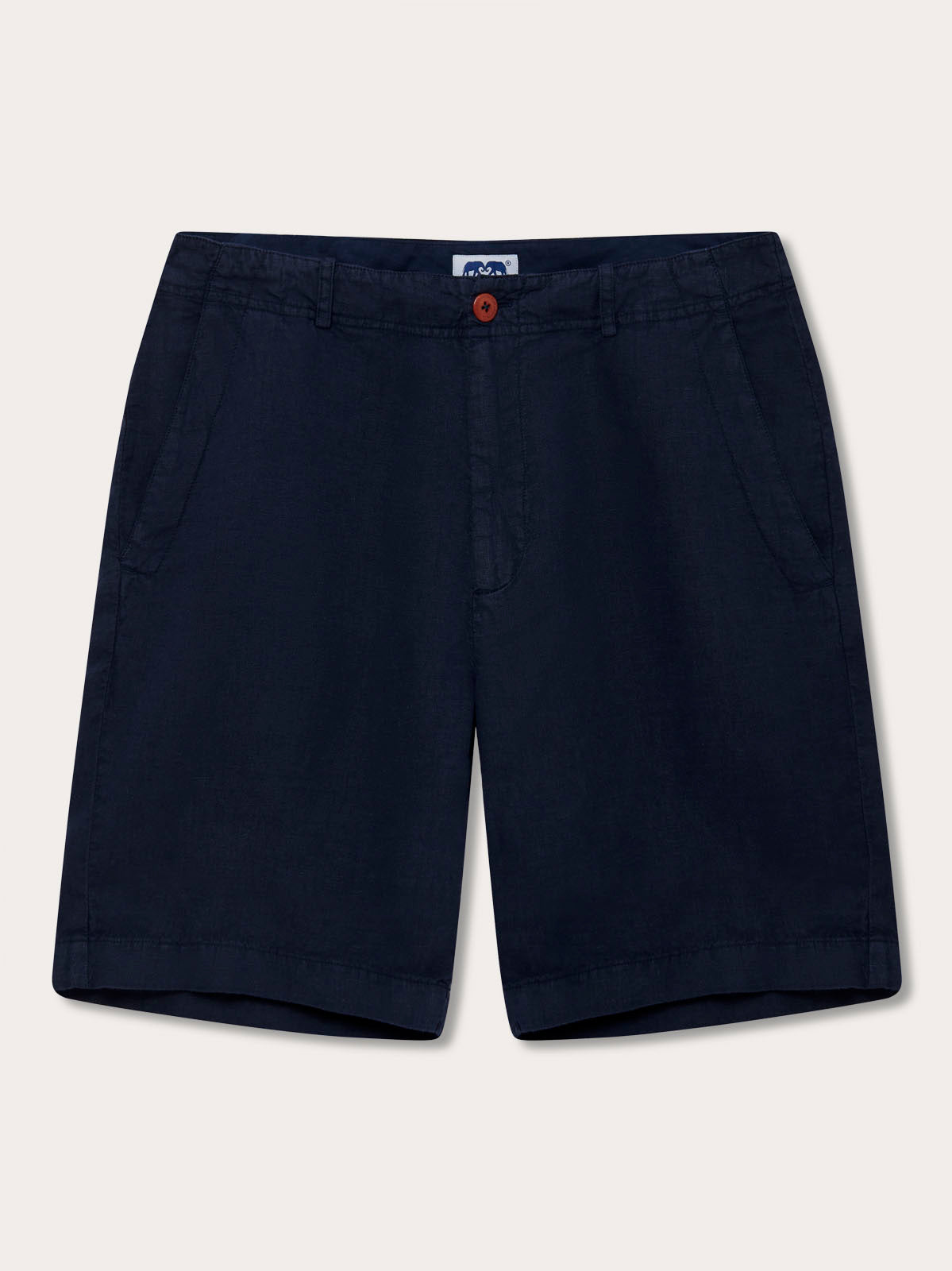 Navy blue linen shorts with 2 front pockets and a button waist.