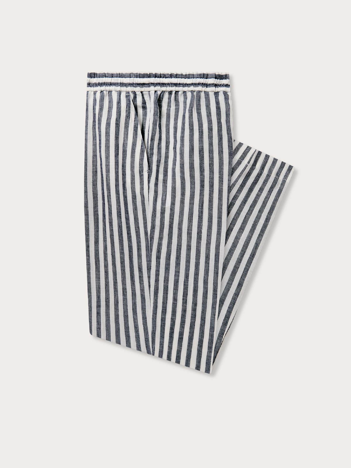 Side view of mens navy striped trousers with pockets crafted from 100% linen.