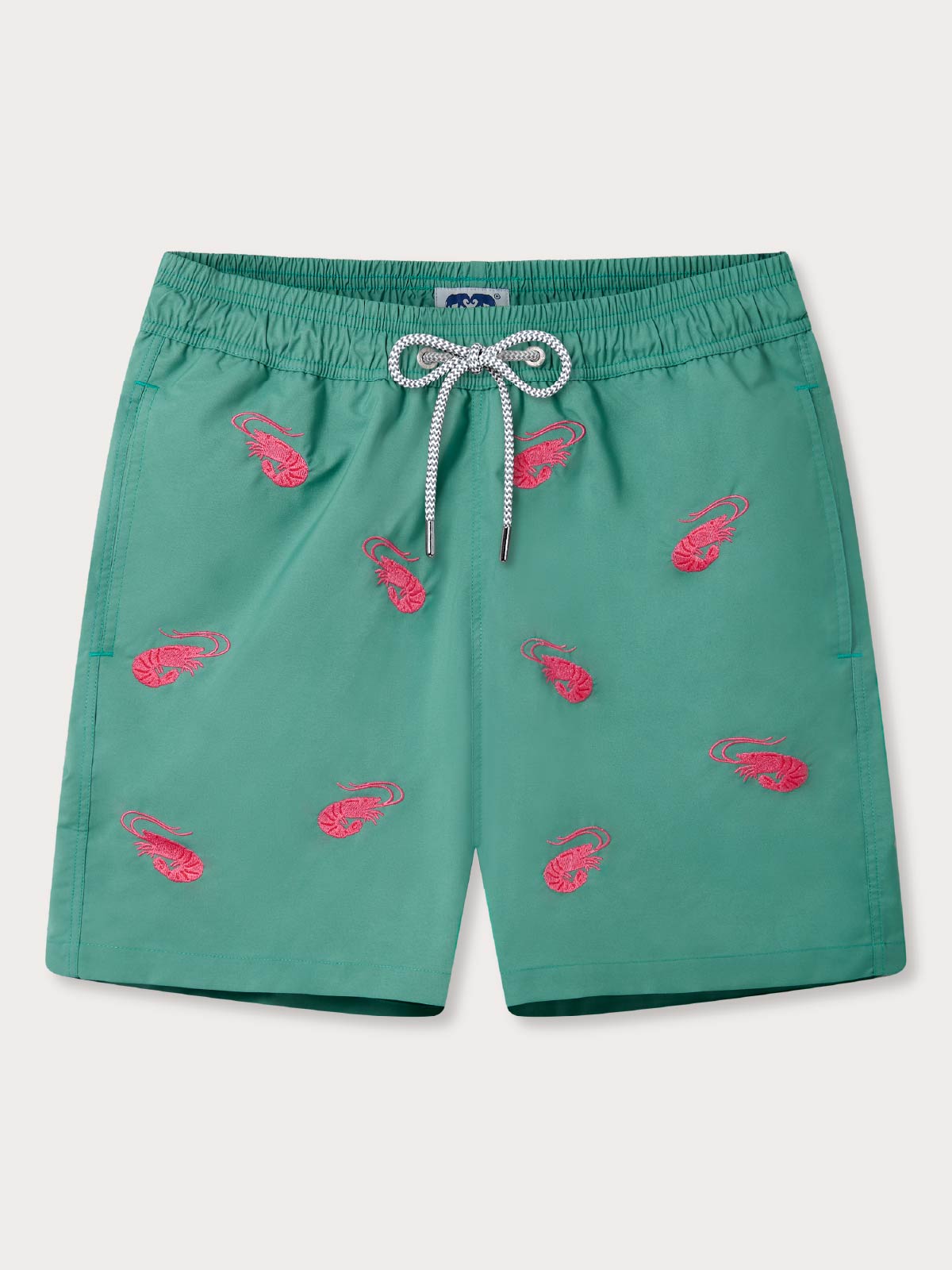 Front view of mens green swim shorts with prawn design featuring pockets.