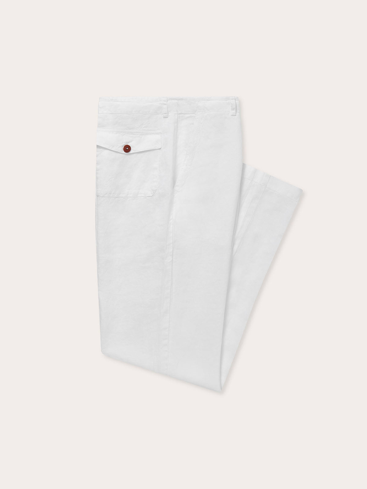 side view of love brand mens white linen trousers. Linen pants for men white with back pockets.