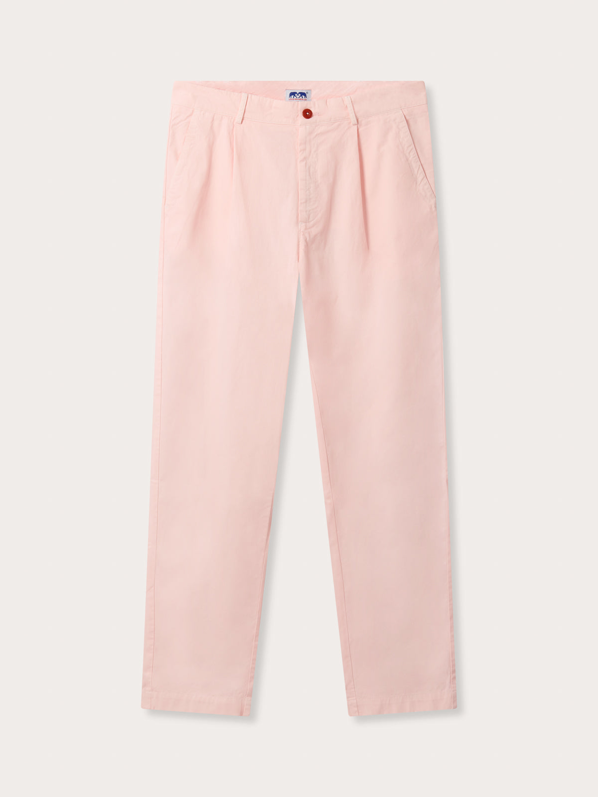Men's Pastel Pink Lyford Chino trousers front view. Pink mens cotton chinos showing 2 front pockets and relaxed fit.
