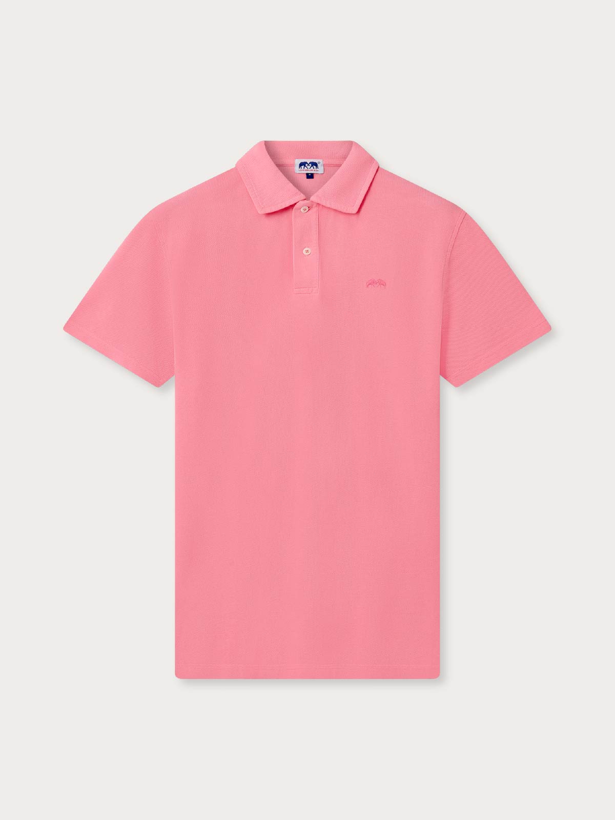 front view of mens pink polo shirt on a grey background. Cotton polo with short sleeves and love brand logo.