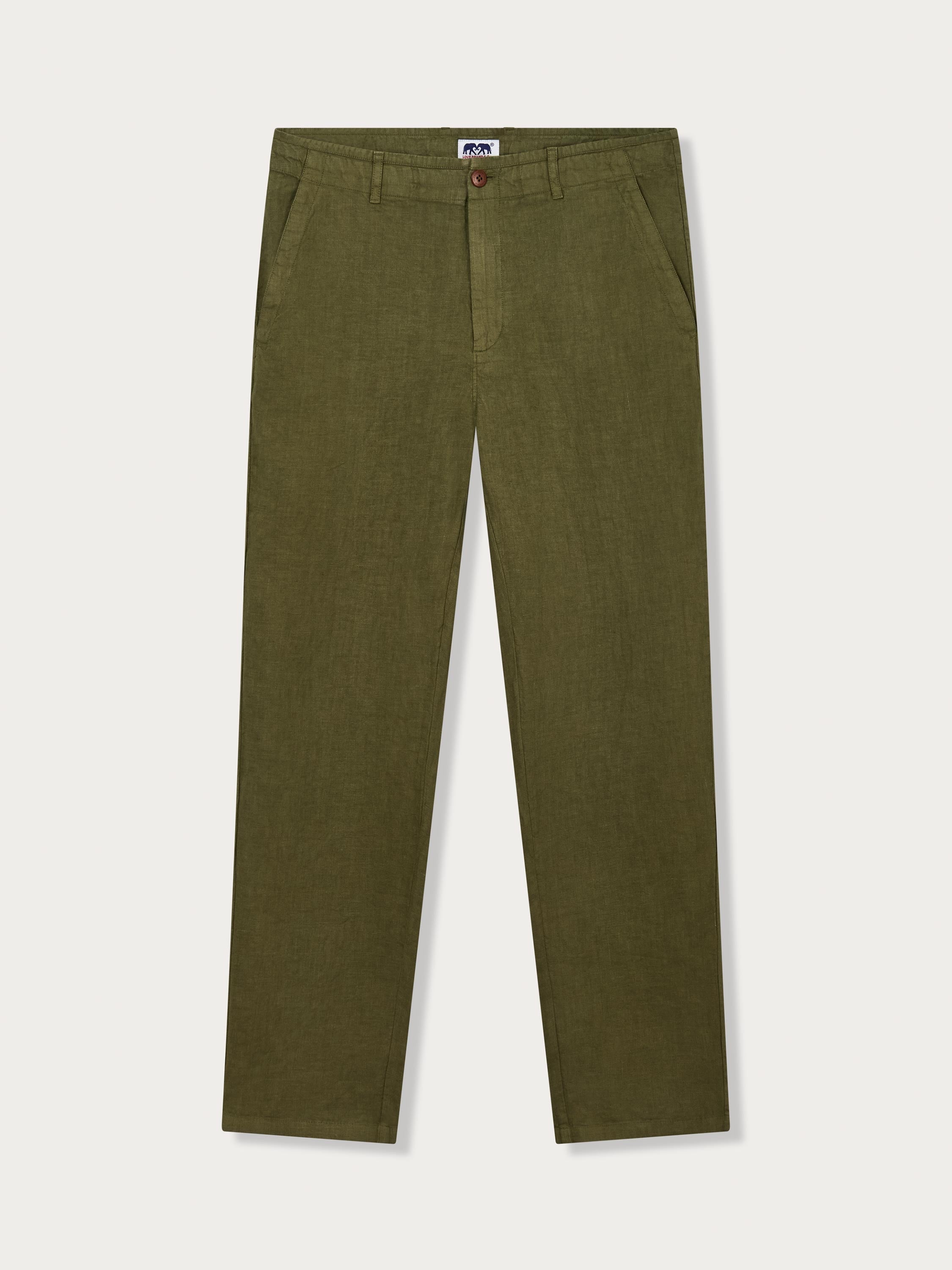 Men's Olive Green Randall Linen Trousers with Corozo Nut Buttons.