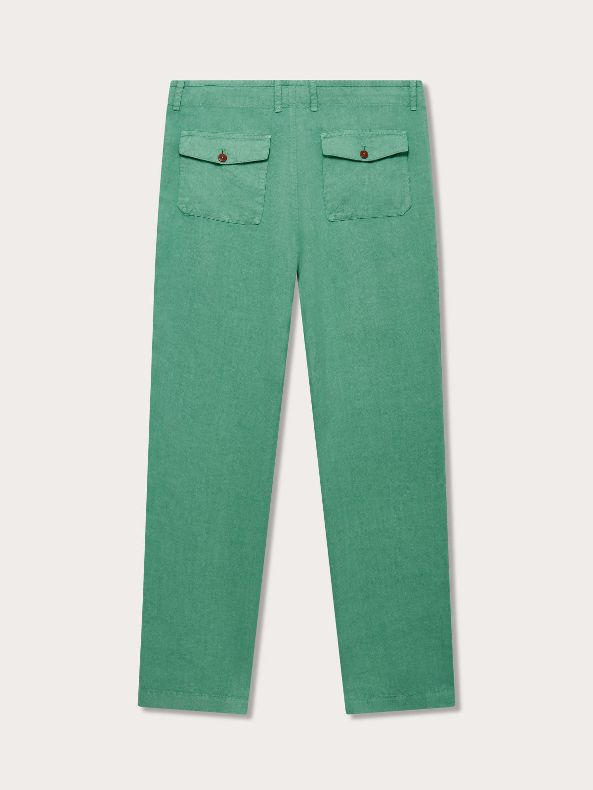 Men's Riviera Green Randall Linen Trousers displayed on a white background. mens green linen trousers a lightweight and breathable linen fabric with a distinctive green color and two back pockets with button closures.