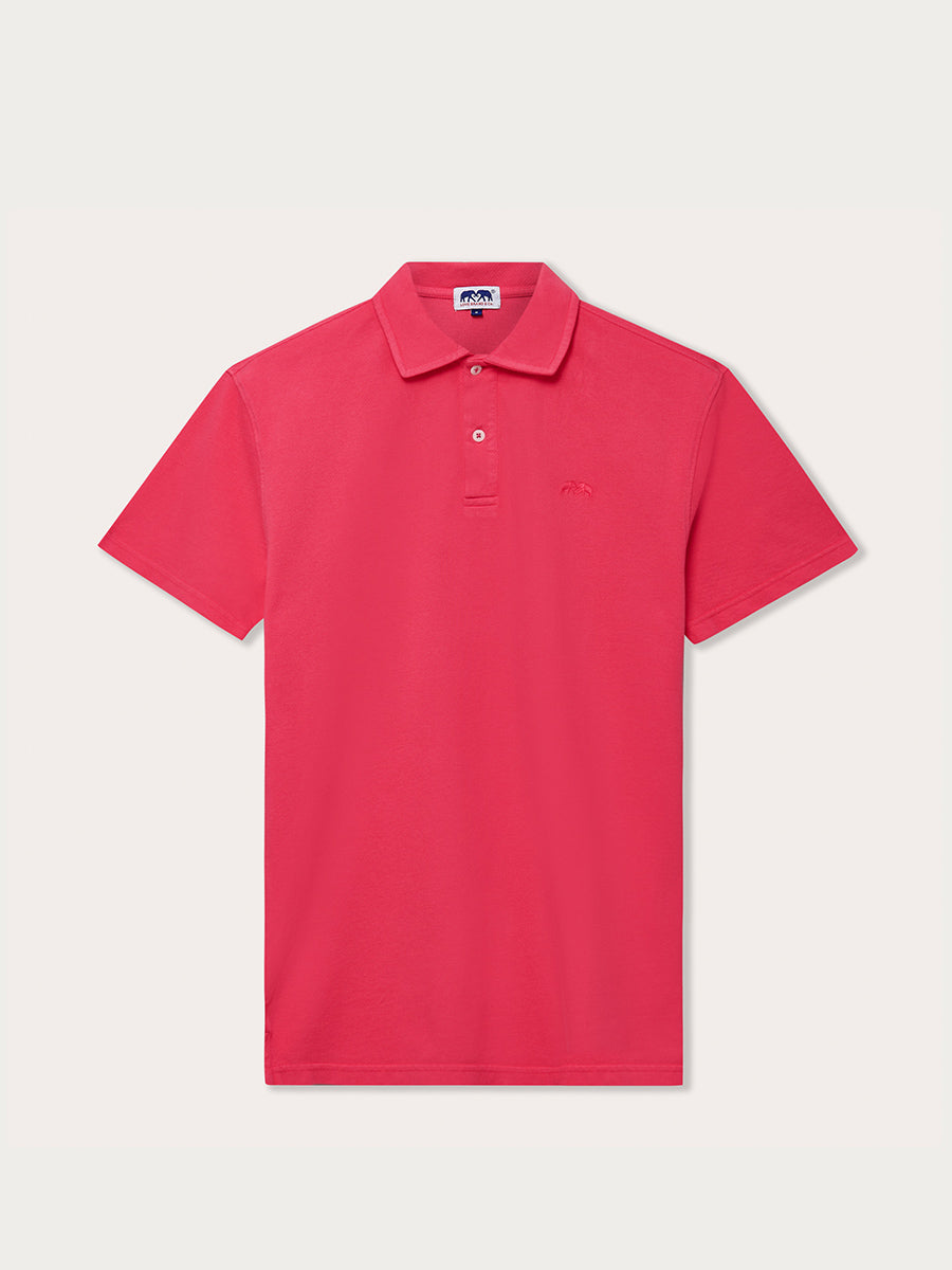 Men's Ruby Red Pensacola Polo Shirt made of 100% Fine Organic Cotton with embroidered elephants.