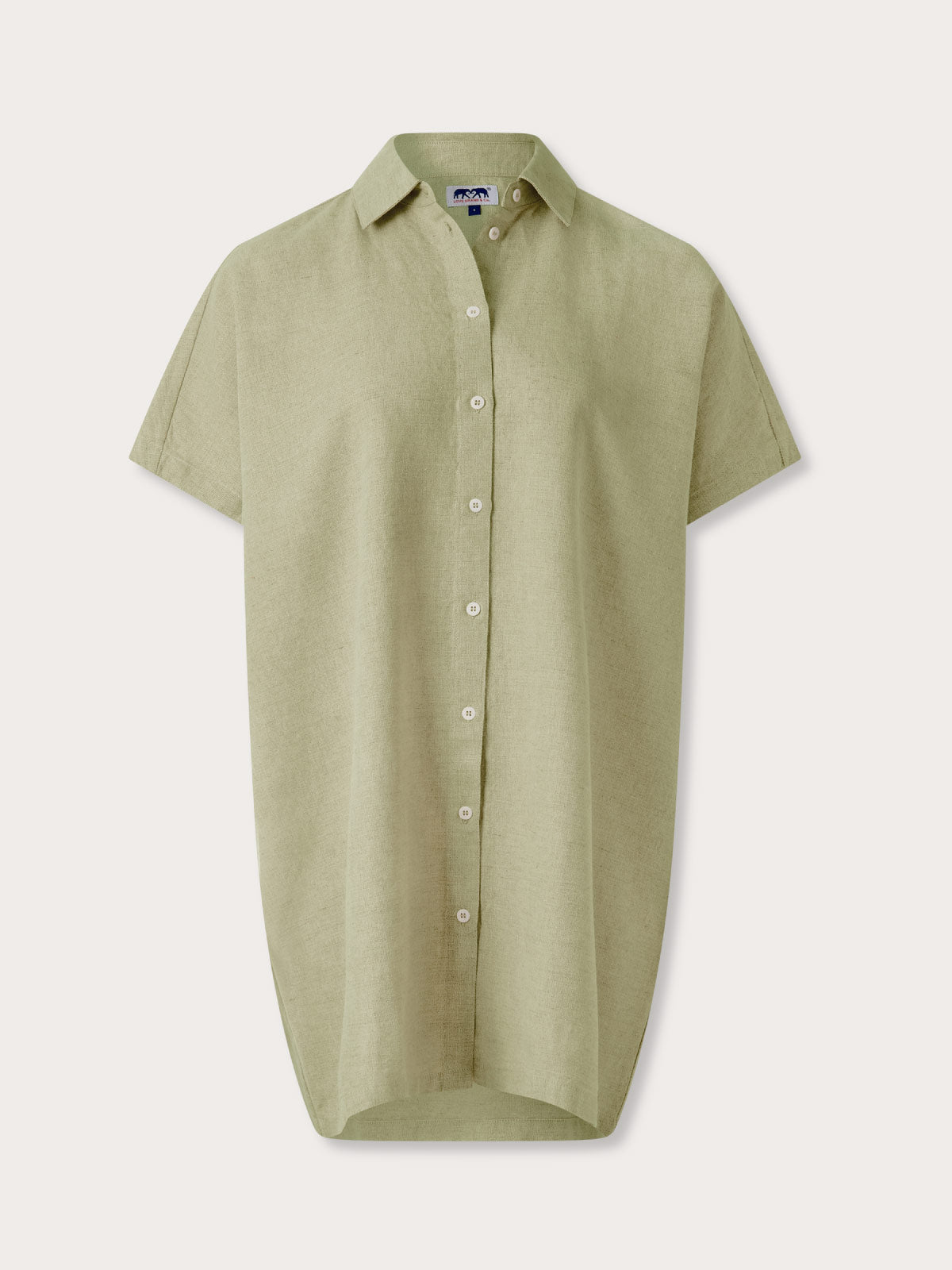 Green button-up shirt dress on a white background