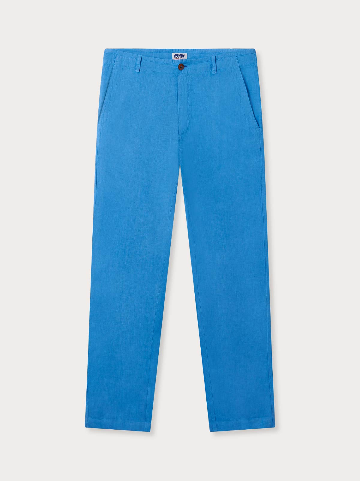 Blue pants with 2 side slit pockets and loopholes for a belt on a light grey background.