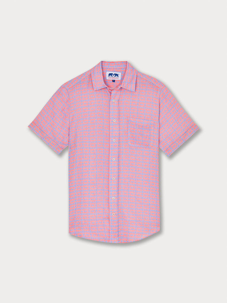 Men's Octopus Kiss Manjack Linen Shirt in pink and blue octopus print.