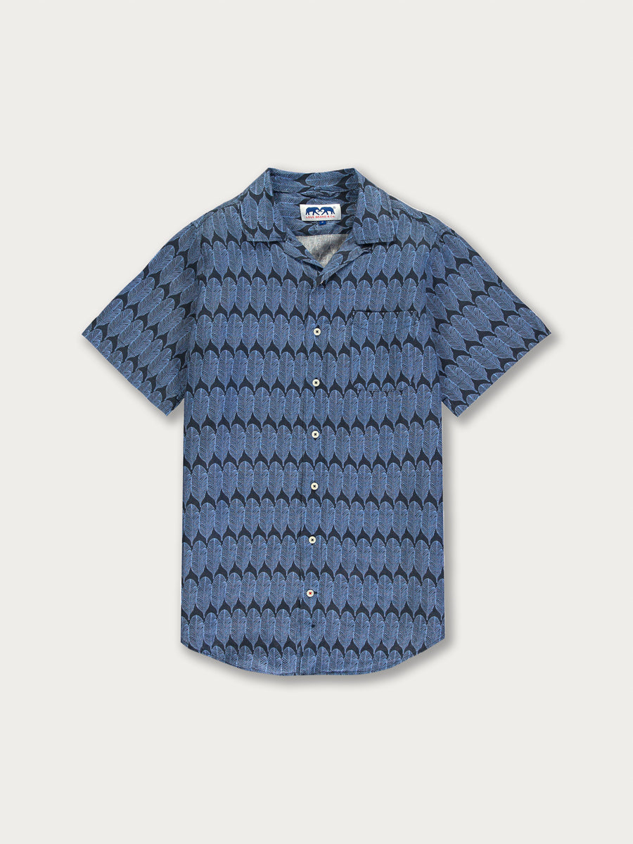 Men's navy and blue linen shirt with a leaf pattern and button-up front.