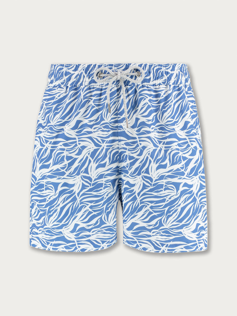 A pair of men's swim shorts in blue and white with a geometric pattern.
