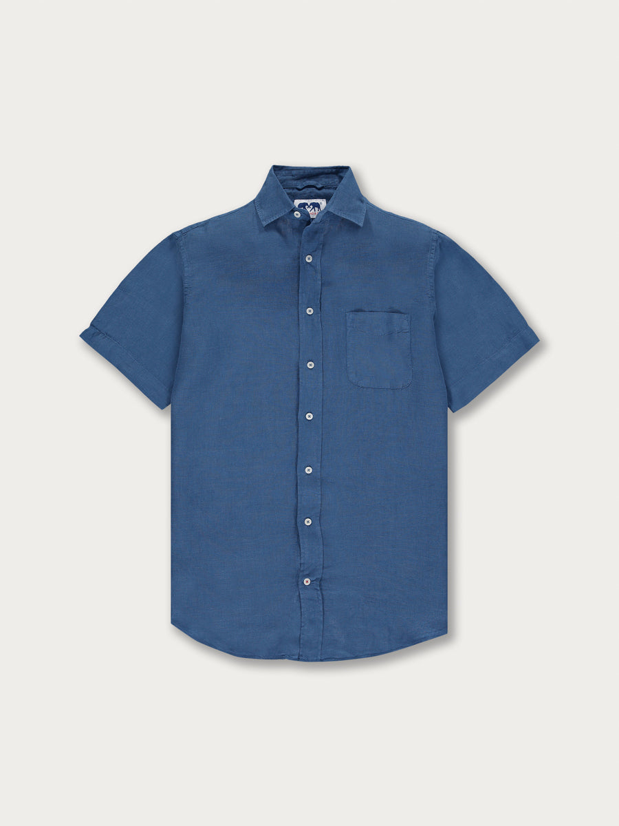 Blue linen shirt with a button-up design and short sleeves on a white background