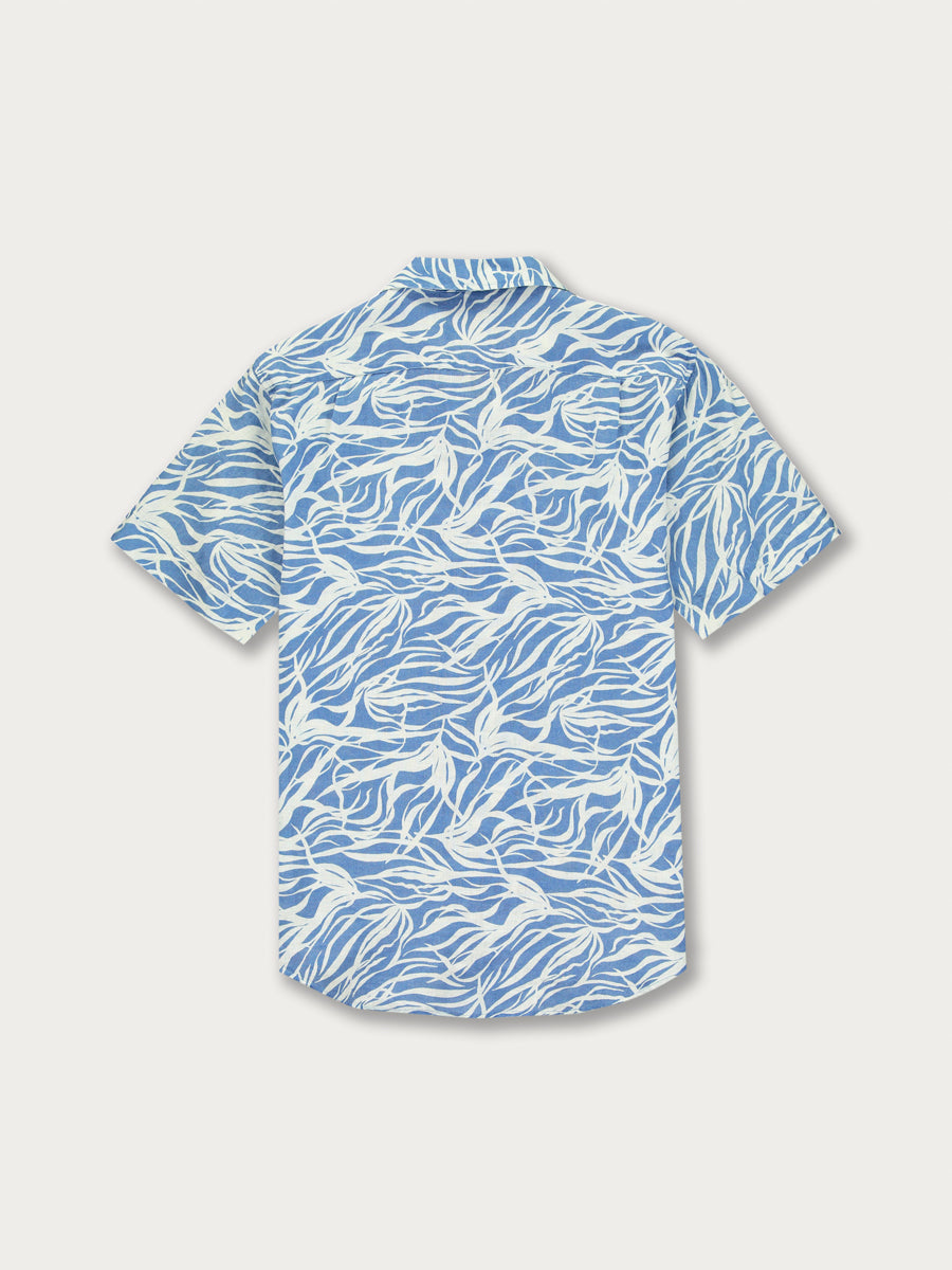 Men's Kelp Arawak Linen Shirt in sea blue and white. Men's linen shirt with an elegant kelp forest pattern.