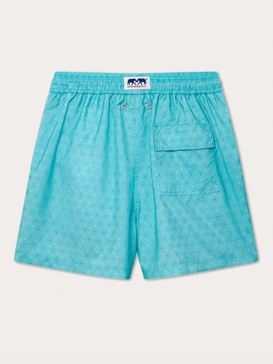 Men's Sand Dollar Staniel Swim Shorts. Patterned swim shorts in light blue with back pocket and elastic waistband.