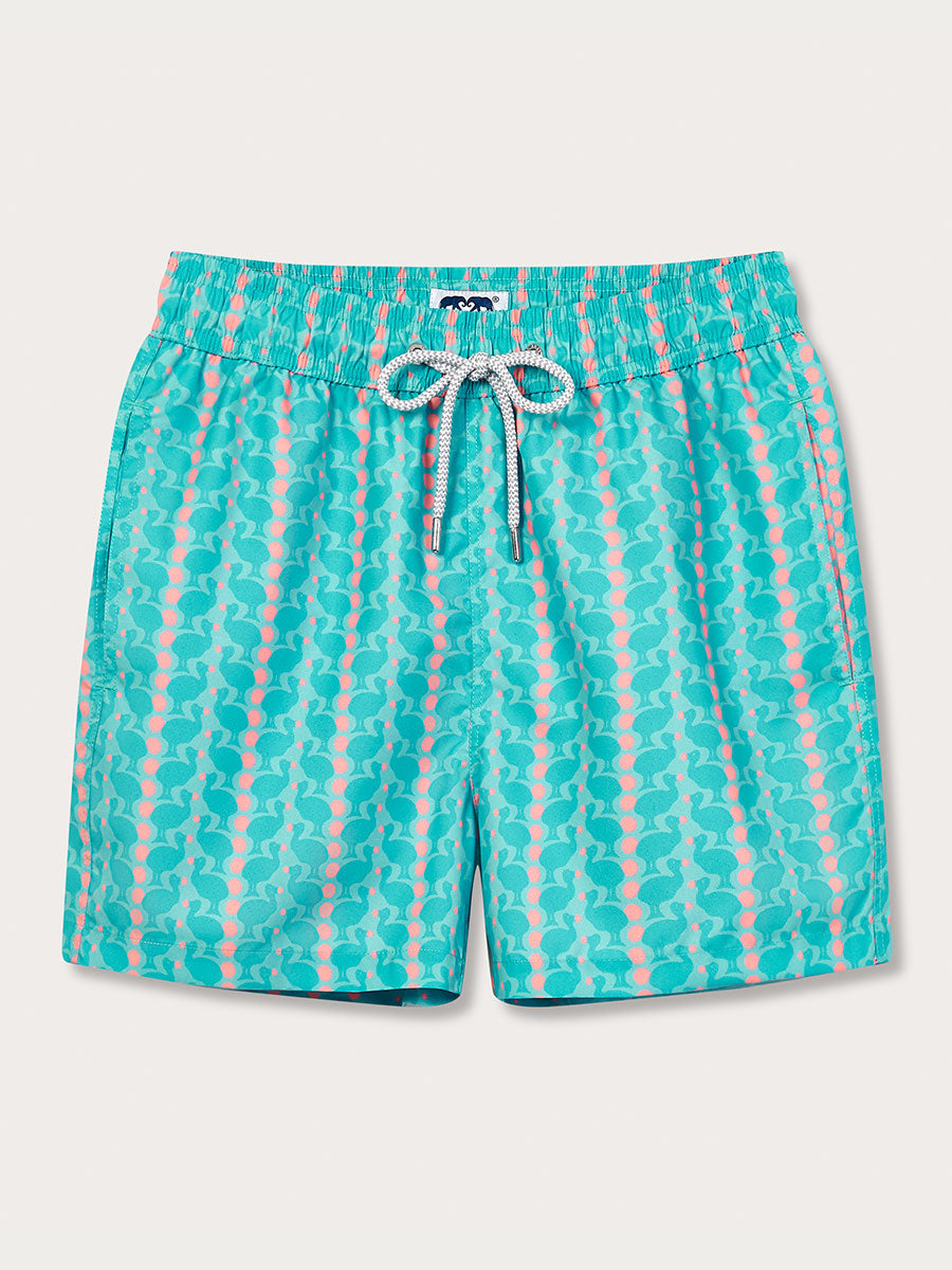 A pair of men's swim shorts with a tropical green and blue dodo bird print.