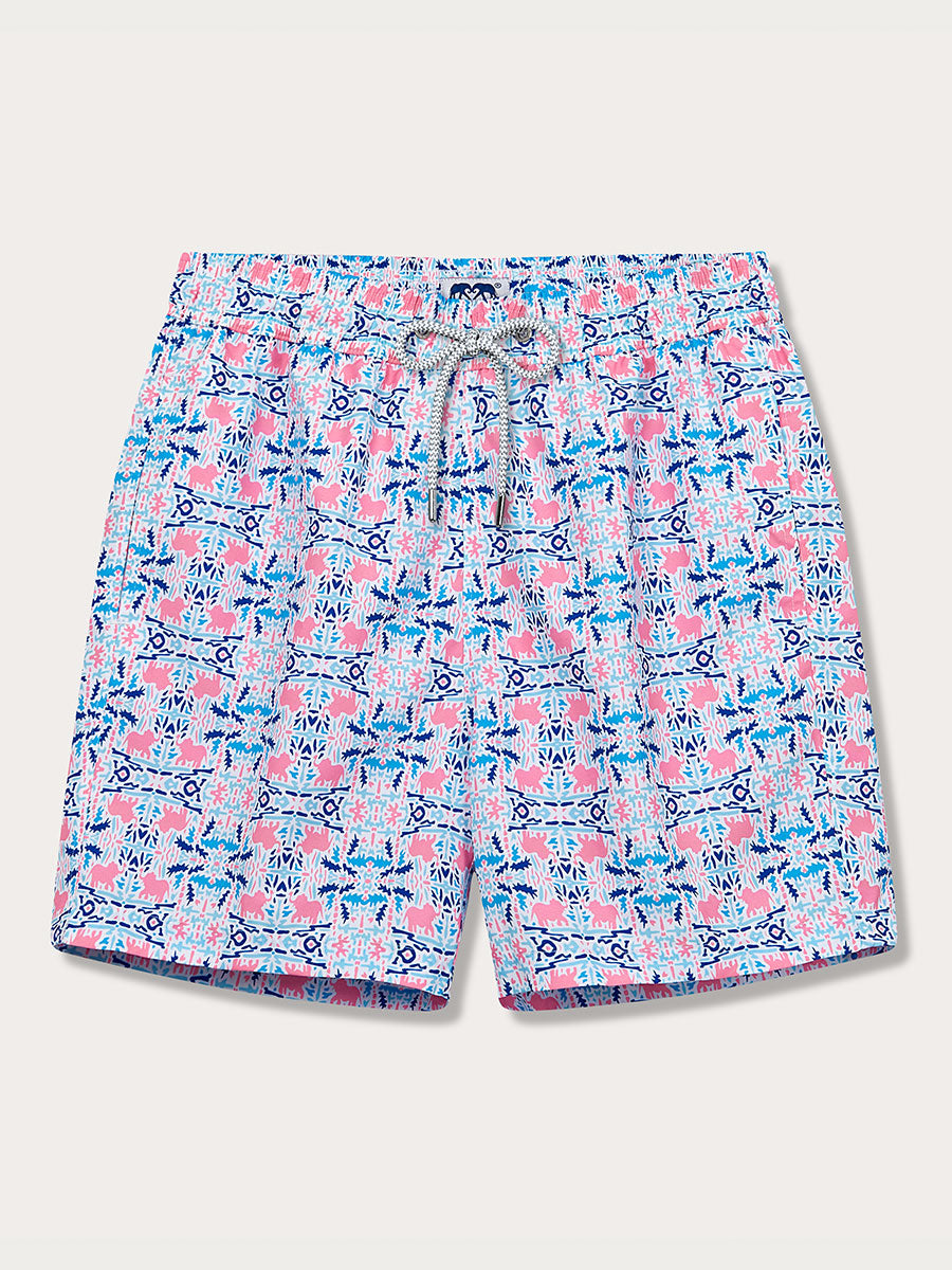 A pair of men's swim shorts with a multicolored elephant pattern on a pink and blue background, featuring a drawstring waist and a mesh lining.