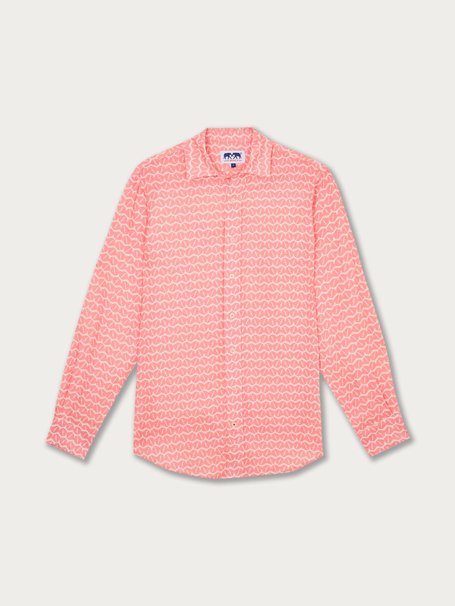 A pink and white striped men's linen shirt with a collar and button-up front.