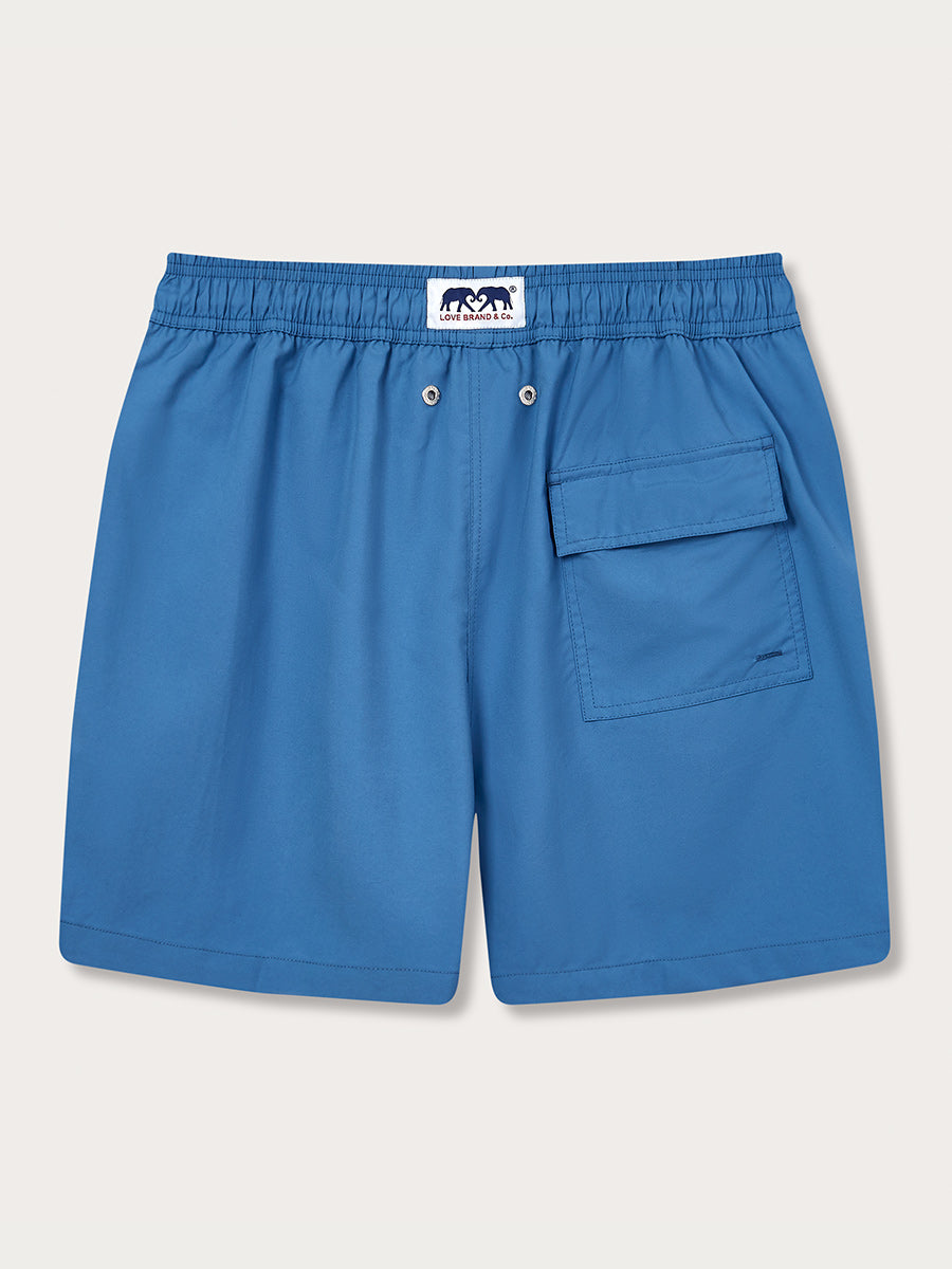 Men's French Blue Staniel Swim Shorts. Plain blue swim shorts made from lightweight, quick-drying 100% recycled fabric.