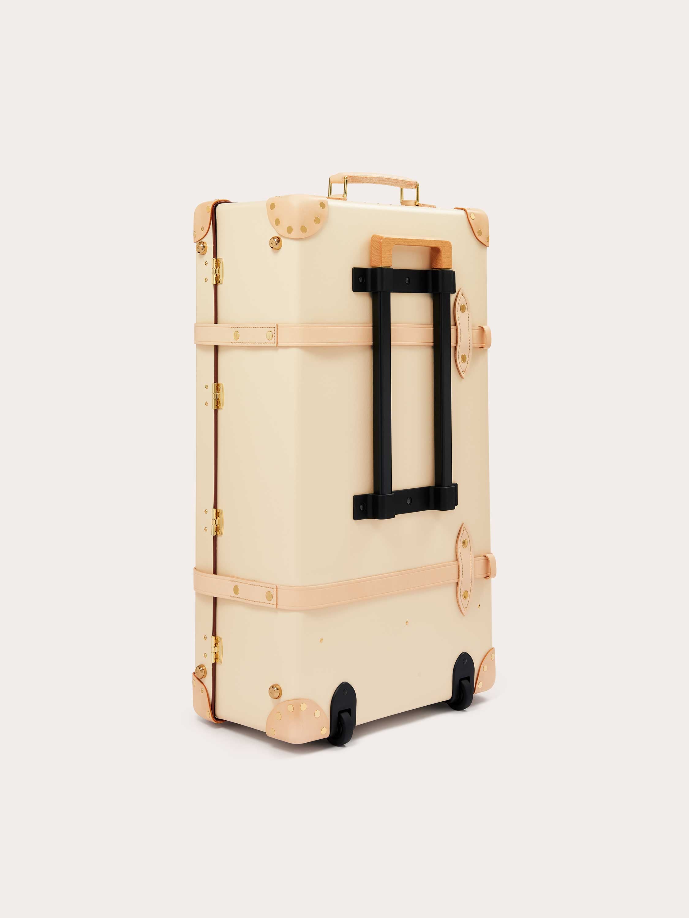 Limited edition Globe-Trotter Safari 30" Trolley Case in cream, featuring leather straps and handle, designed in collaboration with LOVE BRAND & Co.