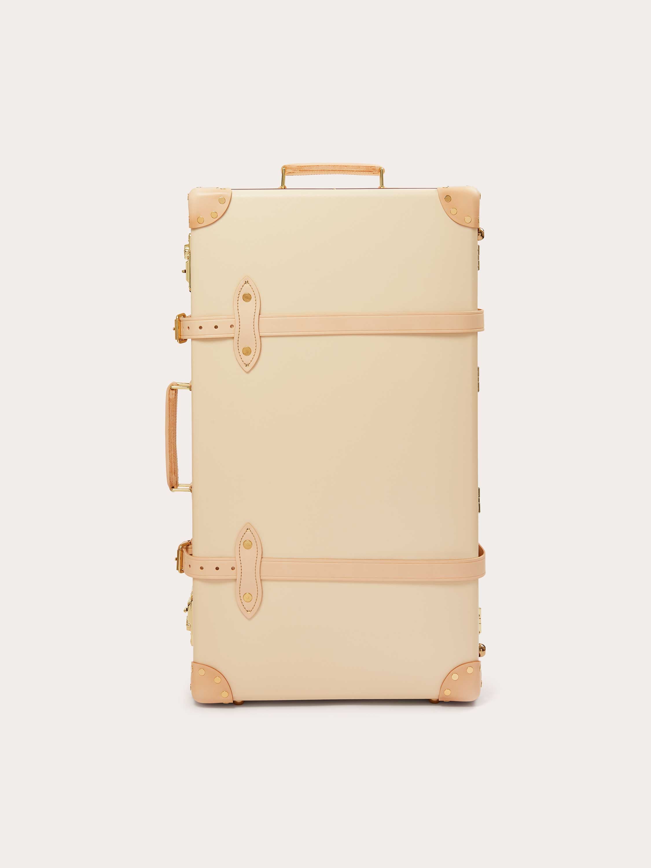 Globe-Trotter Safari 30" Trolley Case in cream with tan leather straps and corners, featuring LOVE BRAND & Co.'s 'Elephant Palace' print lining.