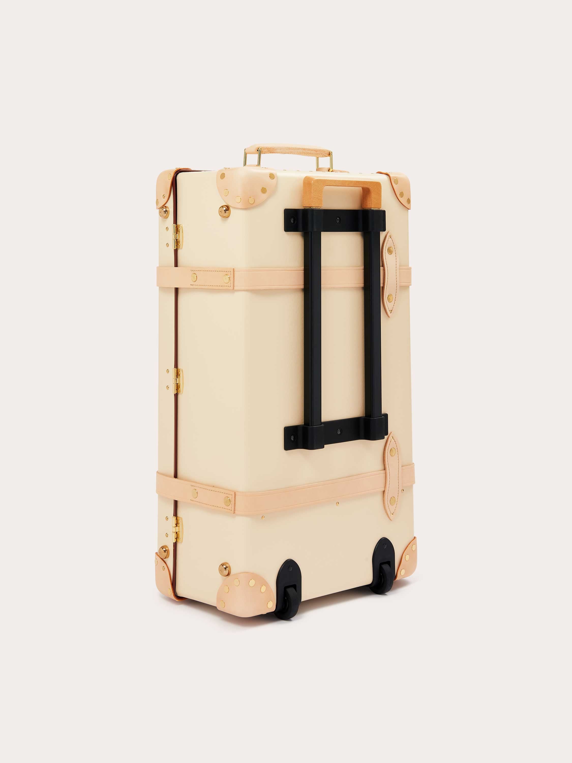 Globe-Trotter Safari 26" Trolley Case in cream with tan leather straps and gold hardware, designed by LOVE BRAND & Co. featuring an 'Elephant Palace' print lining.