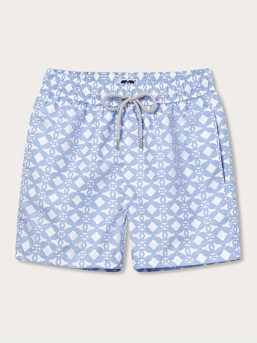front view of blue mens printed swim shorts on a white background