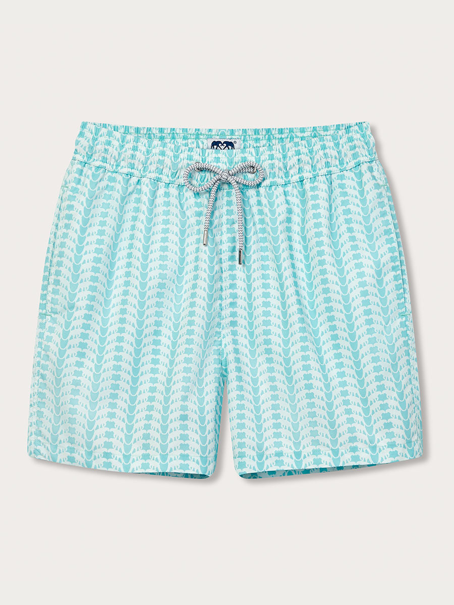 A pair of men's swim shorts with a leaping leopard print in a blue color, featuring a drawstring waist and a soft mesh lining.