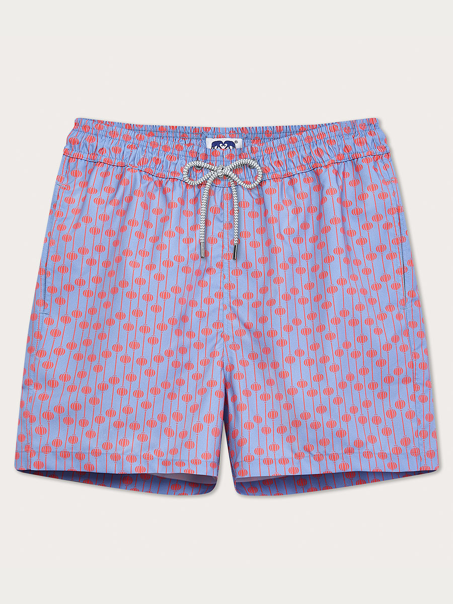 red and blue swim shorts