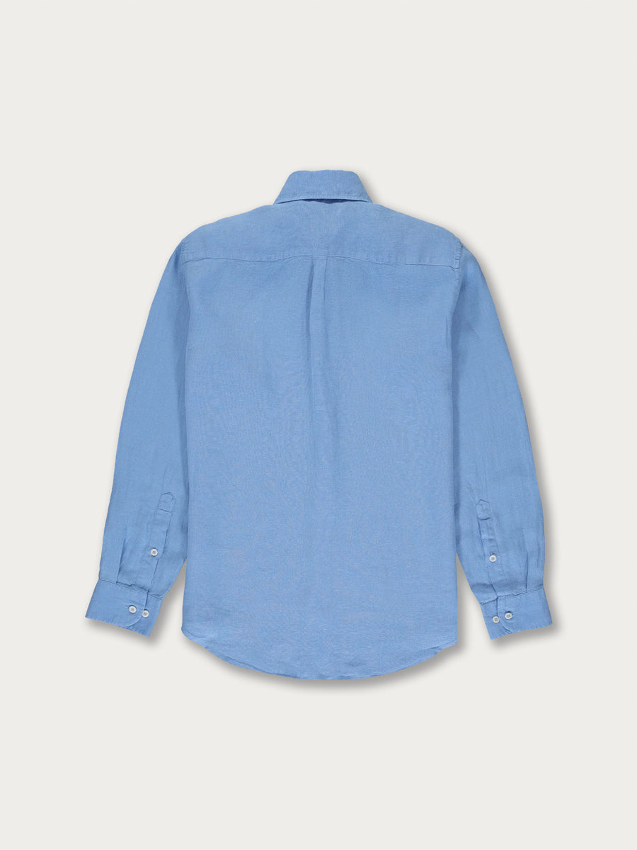 Men's ocean blue Abaco linen shirt shown from the back, featuring long sleeves and buttoned cuffs.