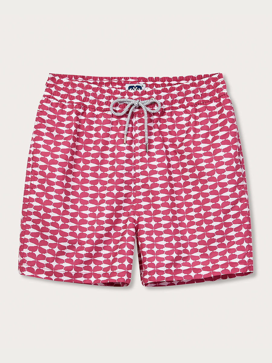 Men's World Is Your Oyster Staniel Swim Shorts in red and white geometric print with drawstring waistband.