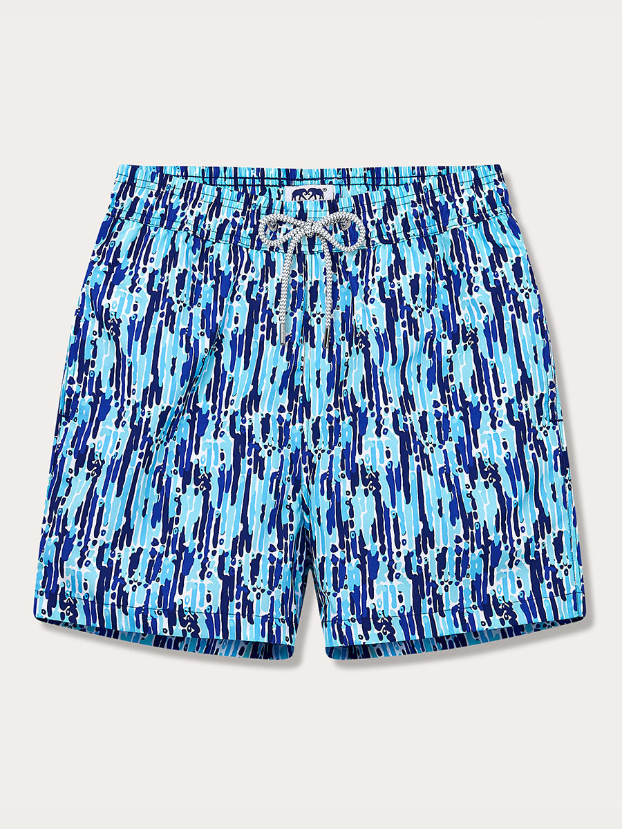 Men's Waterfall Staniel Swim Shorts with a blue and white abstract waterfall pattern, featuring an adjustable drawstring waistband.