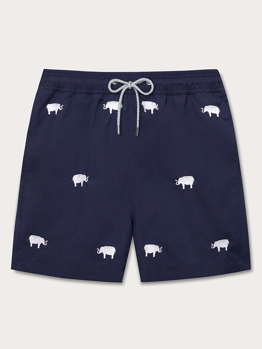 Men's navy blue swim shorts with white embroidered elephant motifs and a drawstring waist.